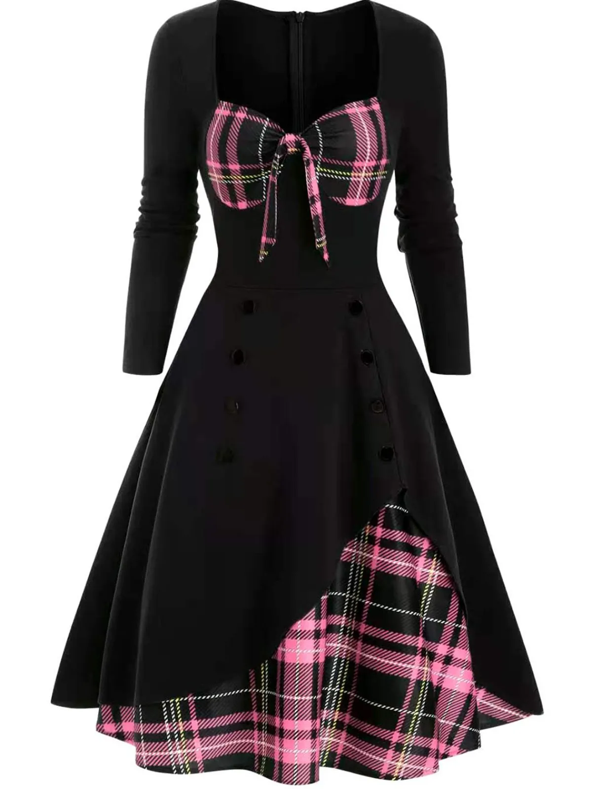 Online Retro Stage 1950s Sweetheart Plaid Patchwork Dress Black