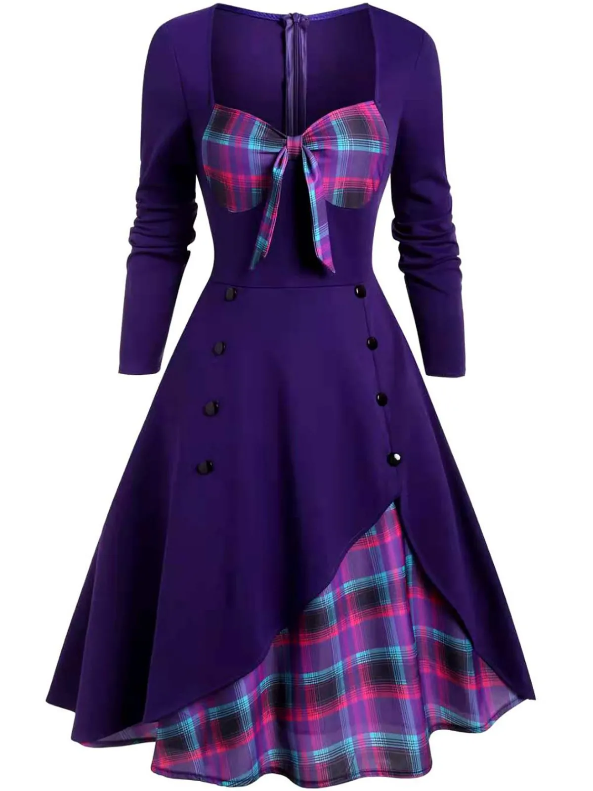 Online Retro Stage 1950s Sweetheart Plaid Patchwork Dress Black