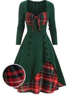 Sale Retro Stage 1950s Sweetheart Plaid Patchwork Dress
