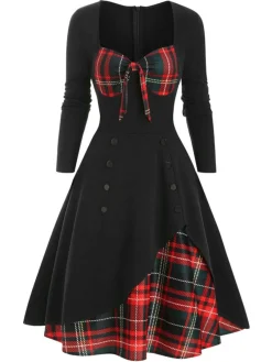 Sale Retro Stage 1950s Sweetheart Plaid Patchwork Dress