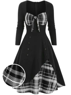 Sale Retro Stage 1950s Sweetheart Plaid Patchwork Dress