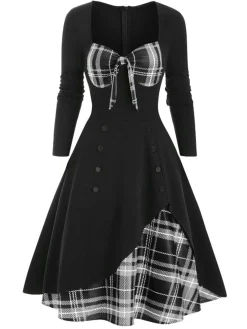 Sale Retro Stage 1950s Sweetheart Plaid Patchwork Dress