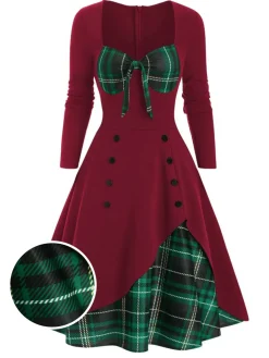 Sale Retro Stage 1950s Sweetheart Plaid Patchwork Dress
