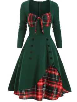 Outlet Retro Stage 1950s Sweetheart Plaid Patchwork Dress