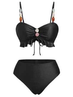 New Retro Stage 1950s Textured Fabric Colored Stones Bikini Set