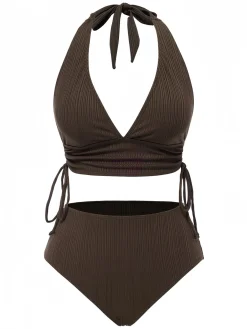 Discount Retro Stage 1930s Textured Fabric Solid Halter Lace-Up Swimsuit