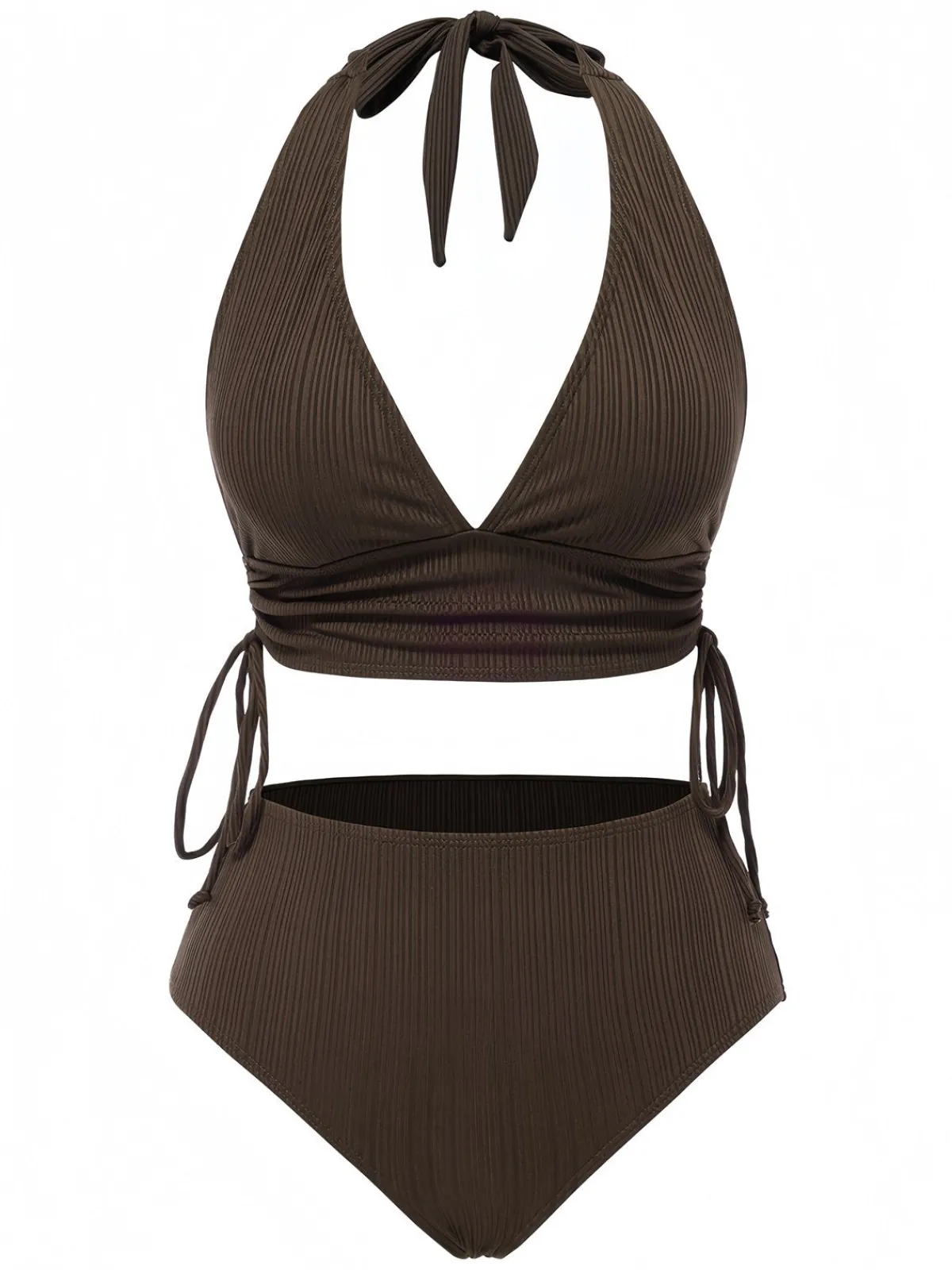 Discount Retro Stage 1930s Textured Fabric Solid Halter Lace-Up Swimsuit