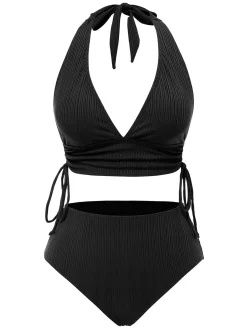 Discount Retro Stage 1930s Textured Fabric Solid Halter Lace-Up Swimsuit