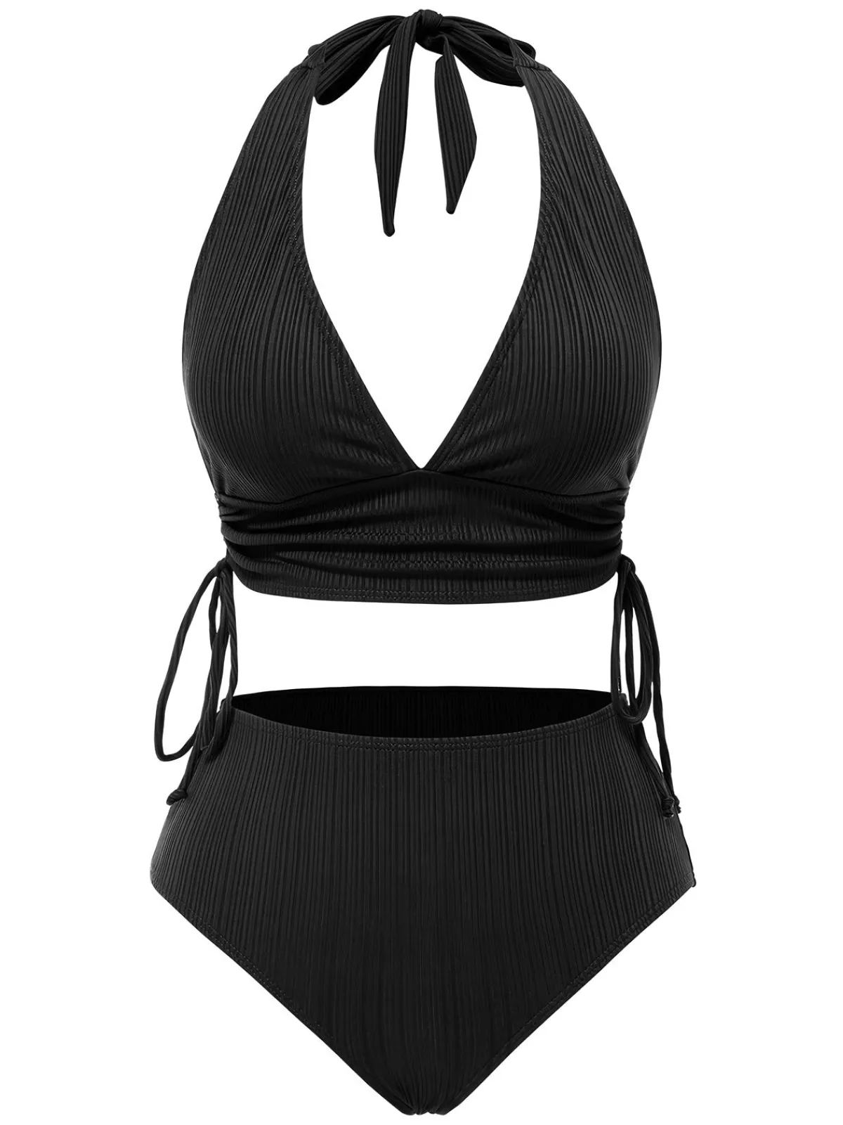Discount Retro Stage 1930s Textured Fabric Solid Halter Lace-Up Swimsuit