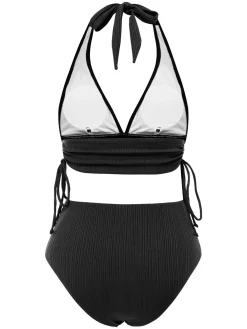 Discount Retro Stage 1930s Textured Fabric Solid Halter Lace-Up Swimsuit