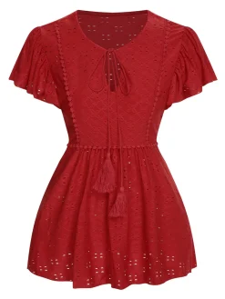Sale Retro Stage 1940s Tie Front Eyelet Embroidered Blouse