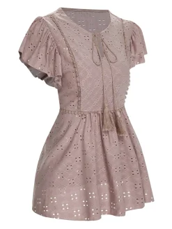 Sale Retro Stage 1940s Tie Front Eyelet Embroidered Blouse