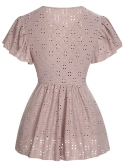 Sale Retro Stage 1940s Tie Front Eyelet Embroidered Blouse