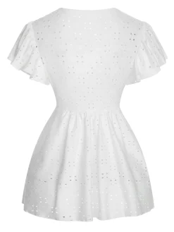 Sale Retro Stage 1940s Tie Front Eyelet Embroidered Blouse