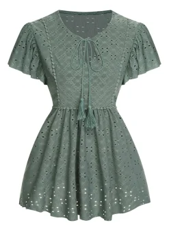 Sale Retro Stage 1940s Tie Front Eyelet Embroidered Blouse