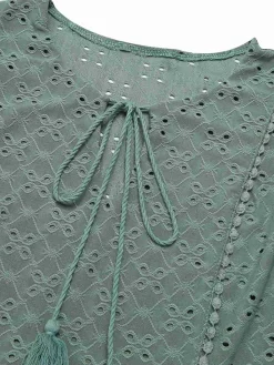 Sale Retro Stage 1940s Tie Front Eyelet Embroidered Blouse