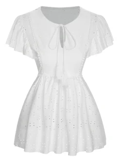 Hot Retro Stage 1940s Tie Front Eyelet Embroidered Blouse