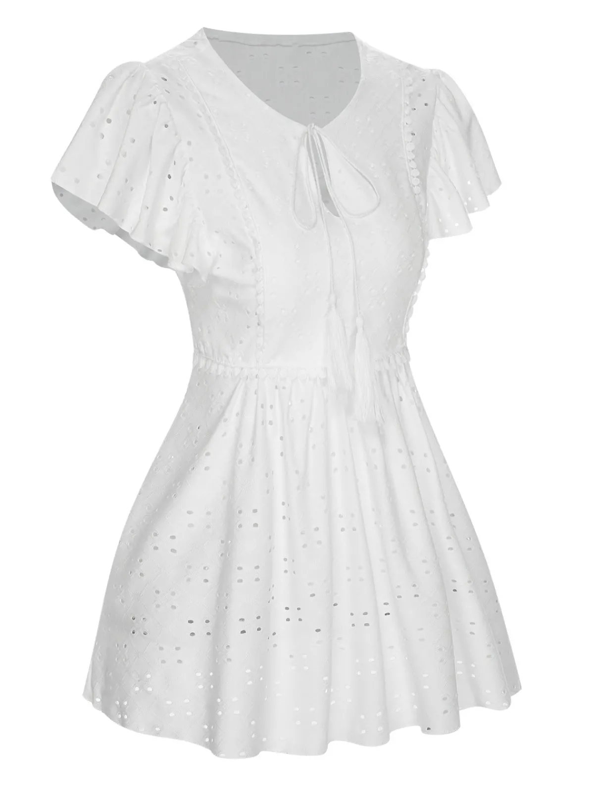 Hot Retro Stage 1940s Tie Front Eyelet Embroidered Blouse