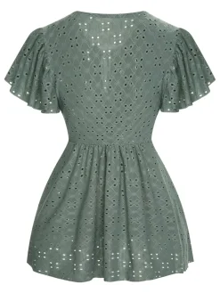 Hot Retro Stage 1940s Tie Front Eyelet Embroidered Blouse