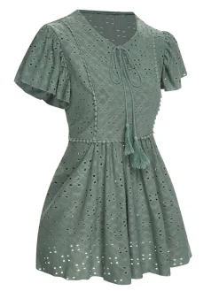 Hot Retro Stage 1940s Tie Front Eyelet Embroidered Blouse