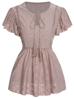 Hot Retro Stage 1940s Tie Front Eyelet Embroidered Blouse