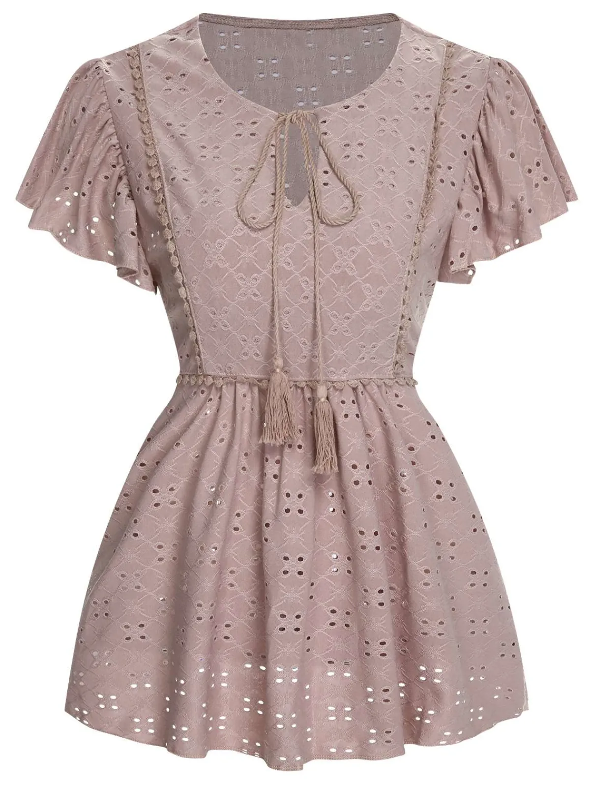 Hot Retro Stage 1940s Tie Front Eyelet Embroidered Blouse