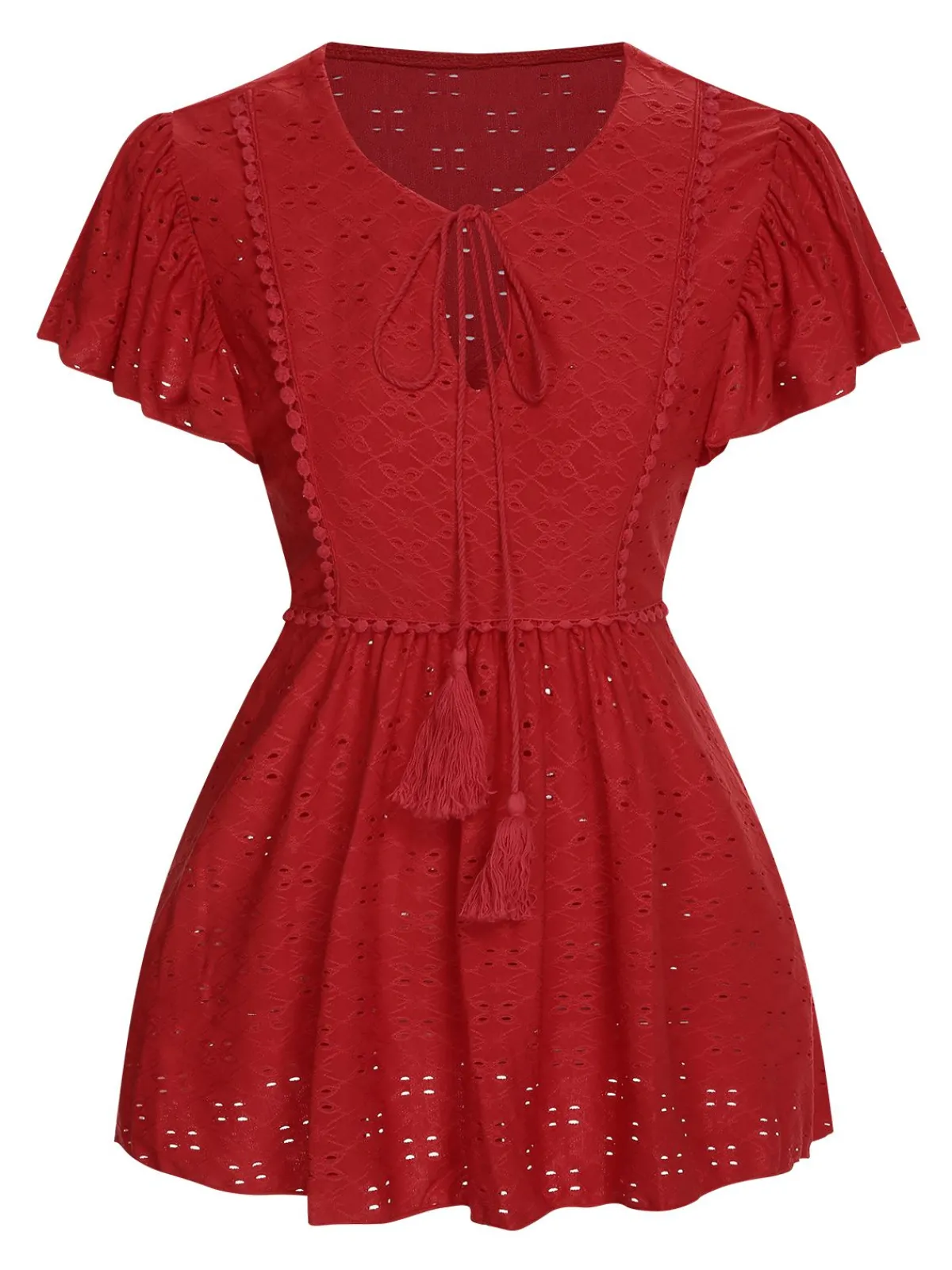 Hot Retro Stage 1940s Tie Front Eyelet Embroidered Blouse