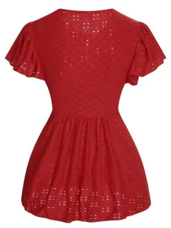 Hot Retro Stage 1940s Tie Front Eyelet Embroidered Blouse