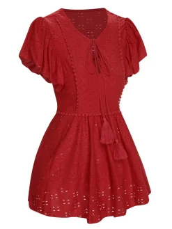 Hot Retro Stage 1940s Tie Front Eyelet Embroidered Blouse