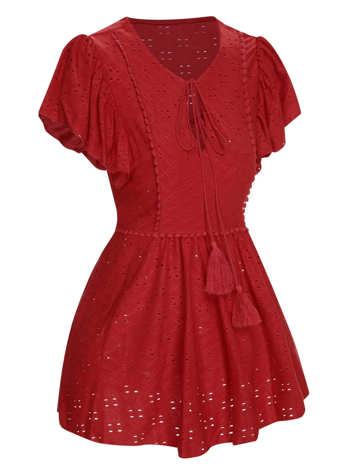 Hot Retro Stage 1940s Tie Front Eyelet Embroidered Blouse