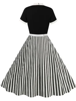 Best Retro Stage 1950s Tie Neck & White Stripes Belted Dress Black