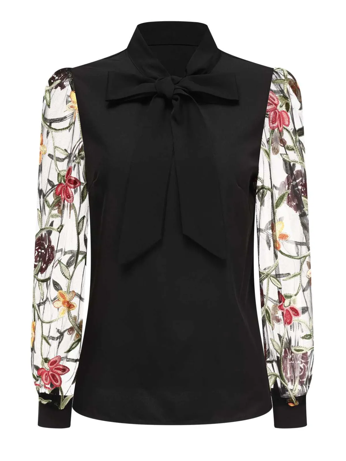 Best Retro Stage 1950s Tie Neck Floral Embroidered Sheer Sleeves Blouse Black