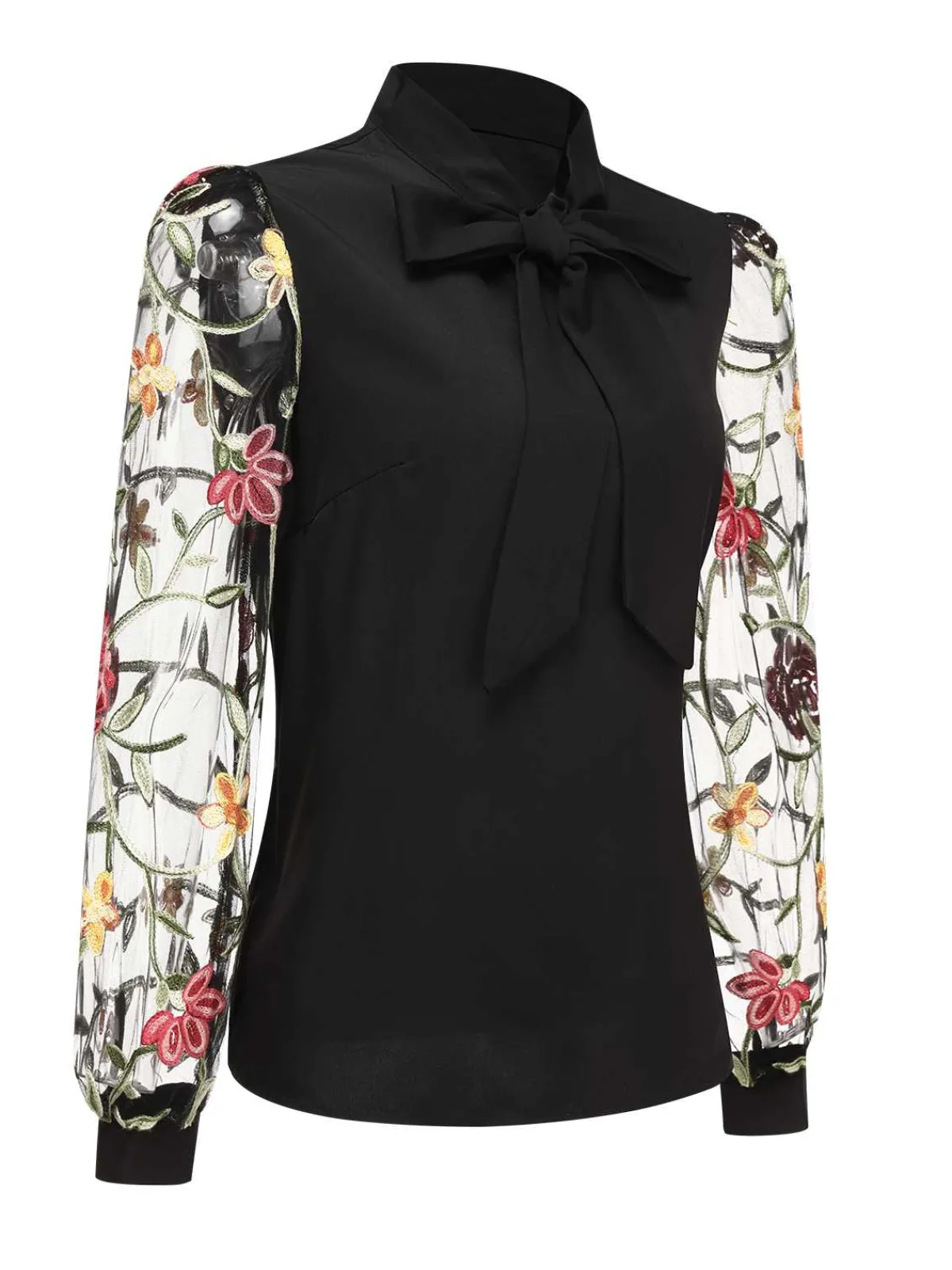 Best Retro Stage 1950s Tie Neck Floral Embroidered Sheer Sleeves Blouse Black