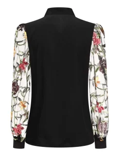 Best Retro Stage 1950s Tie Neck Floral Embroidered Sheer Sleeves Blouse Black