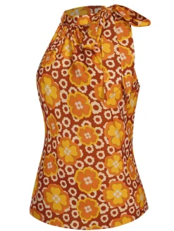 Clearance Retro Stage 1960s Tie Neck Floral Sleeveless Top