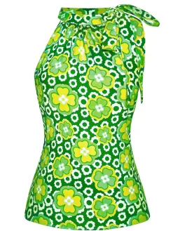 Clearance Retro Stage 1960s Tie Neck Floral Sleeveless Top