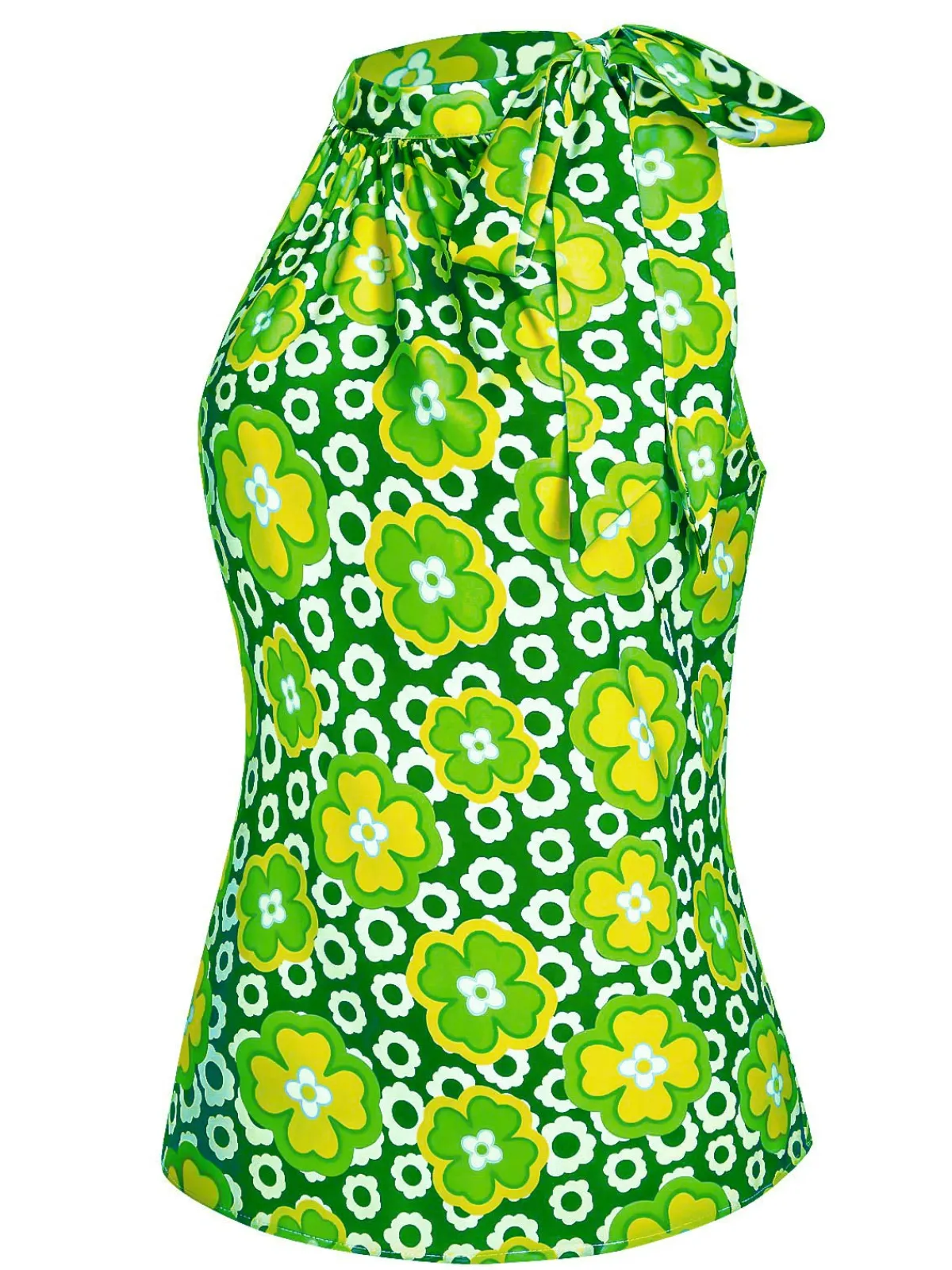 Clearance Retro Stage 1960s Tie Neck Floral Sleeveless Top