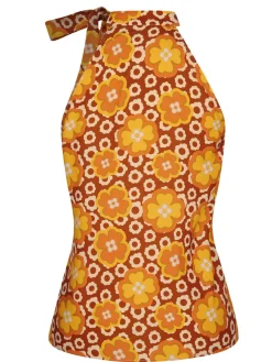 Fashion Retro Stage 1960s Tie Neck Floral Sleeveless Top