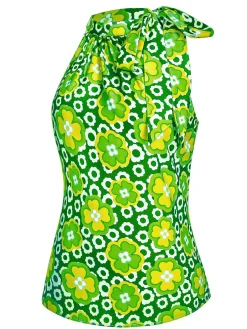 Fashion Retro Stage 1960s Tie Neck Floral Sleeveless Top