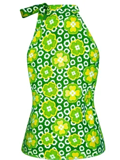 Fashion Retro Stage 1960s Tie Neck Floral Sleeveless Top