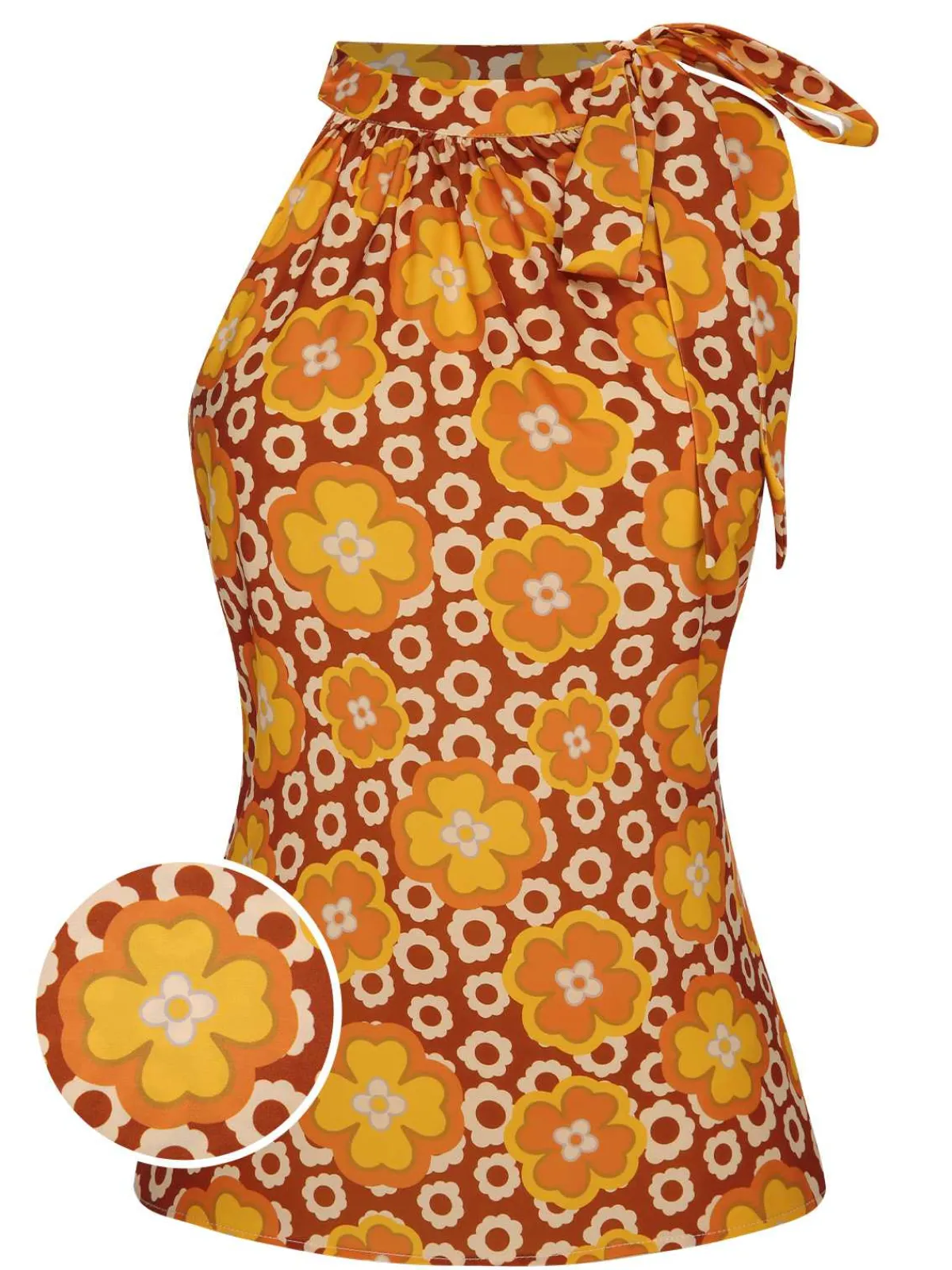 Fashion Retro Stage 1960s Tie Neck Floral Sleeveless Top