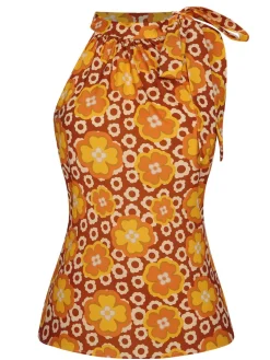 Fashion Retro Stage 1960s Tie Neck Floral Sleeveless Top
