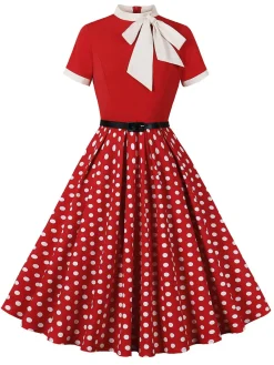 Hot Retro Stage 1950s Tie Neck Polka Dots Belted Dress