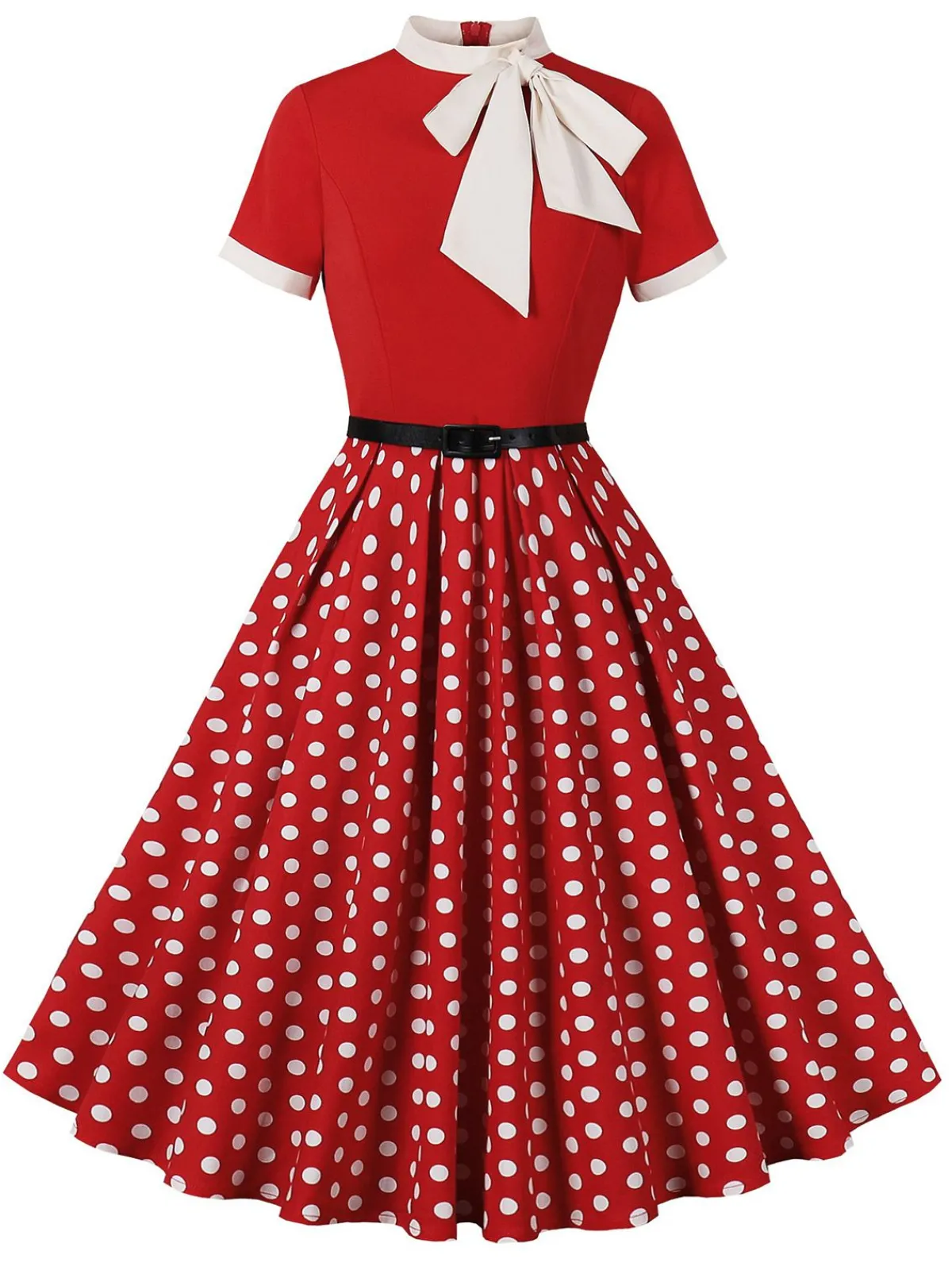 Hot Retro Stage 1950s Tie Neck Polka Dots Belted Dress
