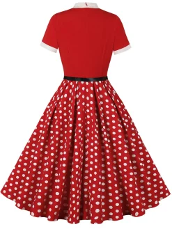 Hot Retro Stage 1950s Tie Neck Polka Dots Belted Dress