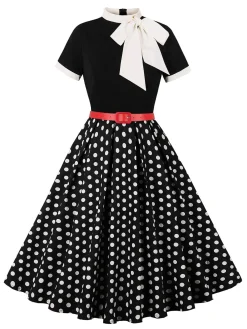Hot Retro Stage 1950s Tie Neck Polka Dots Belted Dress