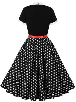 Hot Retro Stage 1950s Tie Neck Polka Dots Belted Dress