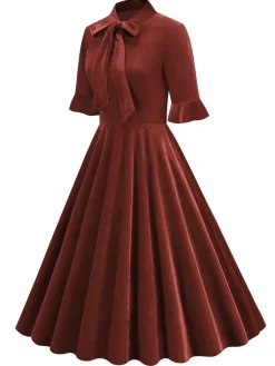New Retro Stage 1950s Tie Neck Velvet Flared Sleeve Dress