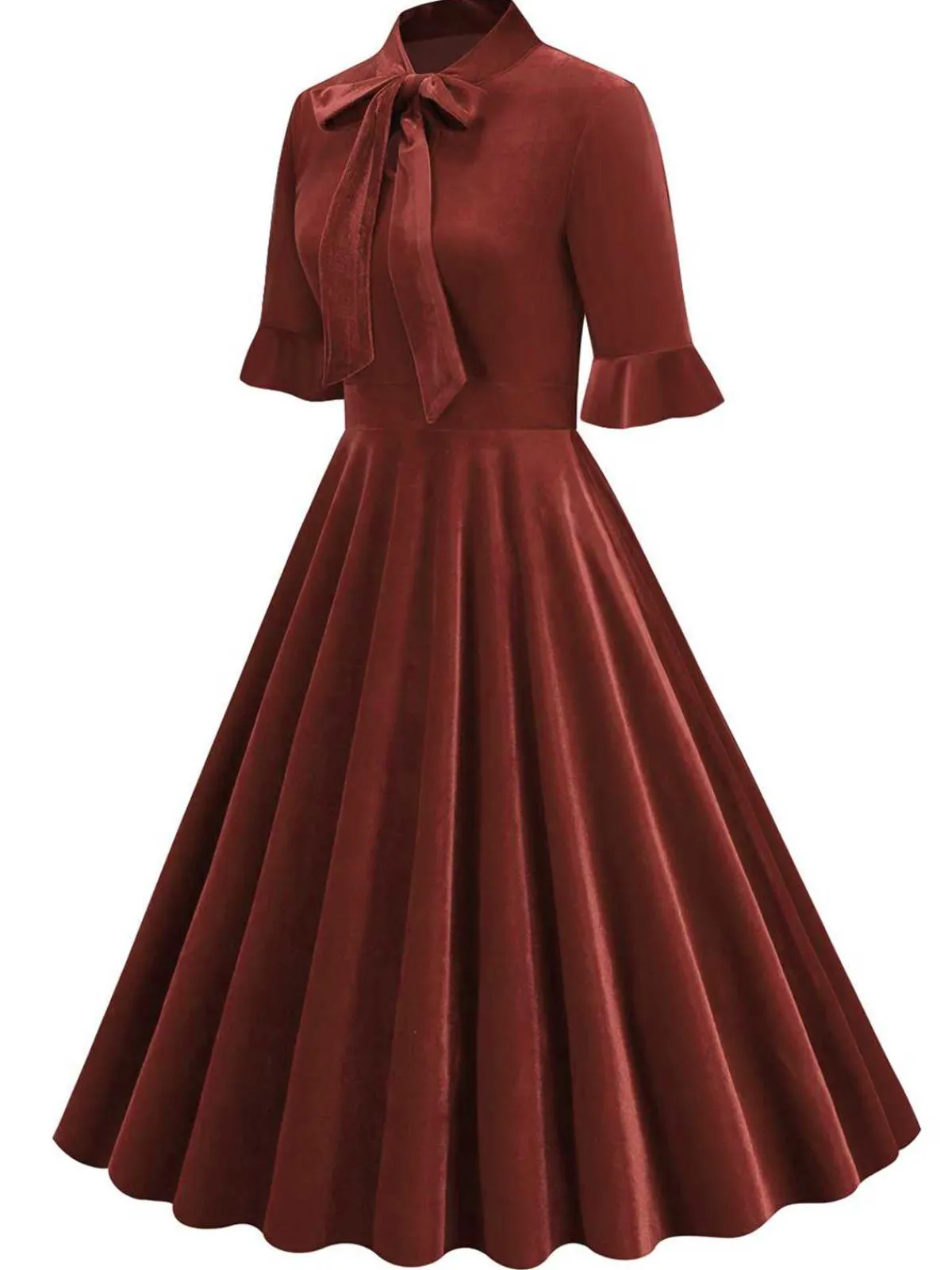 New Retro Stage 1950s Tie Neck Velvet Flared Sleeve Dress