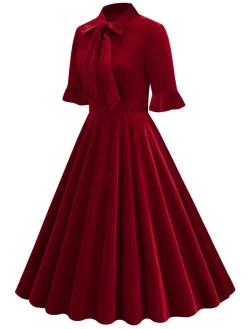 New Retro Stage 1950s Tie Neck Velvet Flared Sleeve Dress